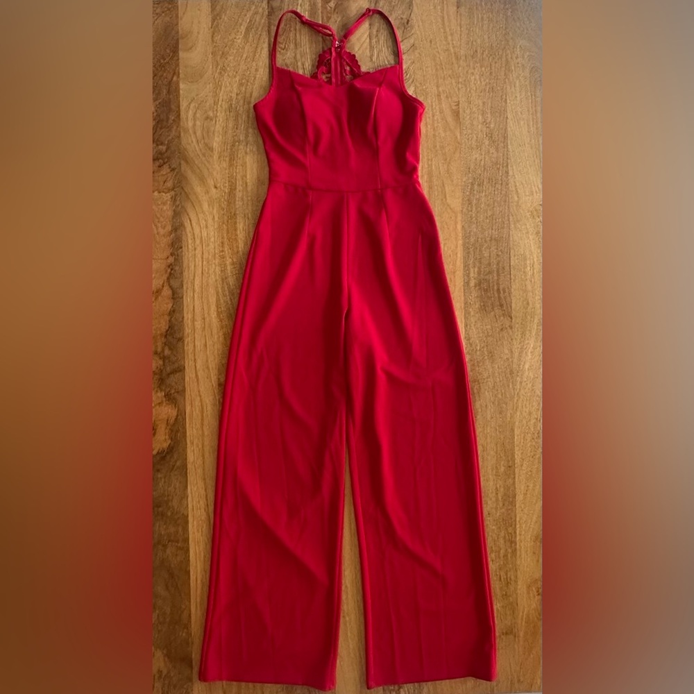 Trixxi Red Lace Wide-Leg Jumpsuit – Size S